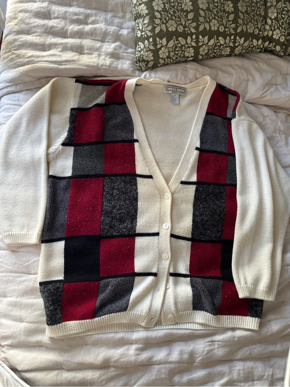 Vintage Dress Barn Cream Cardigan with Red and Gray Checkerblock